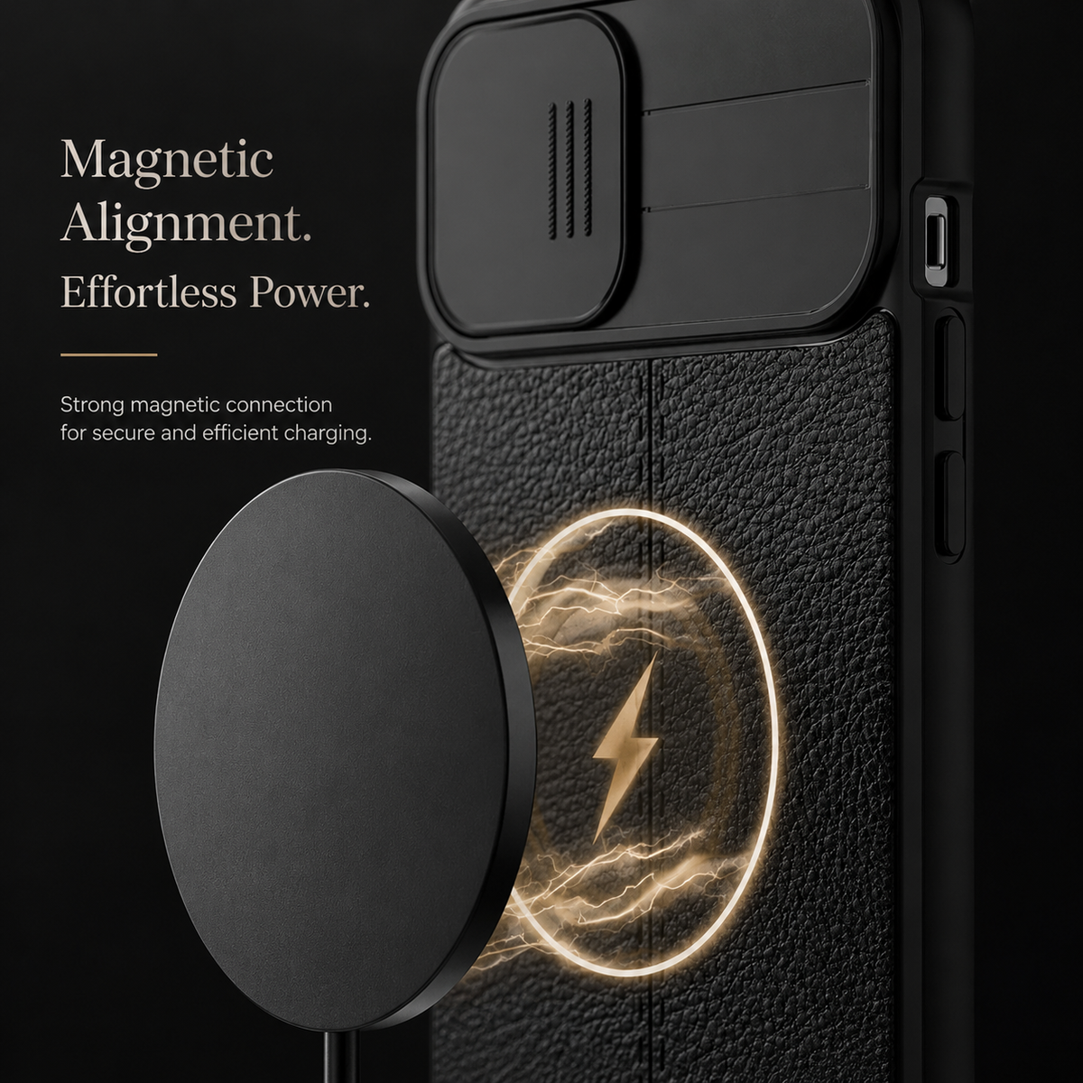 A round black charging puck floats beside a glowing magnetic graphic on the back of a black textured case under Magnetic Alignment.