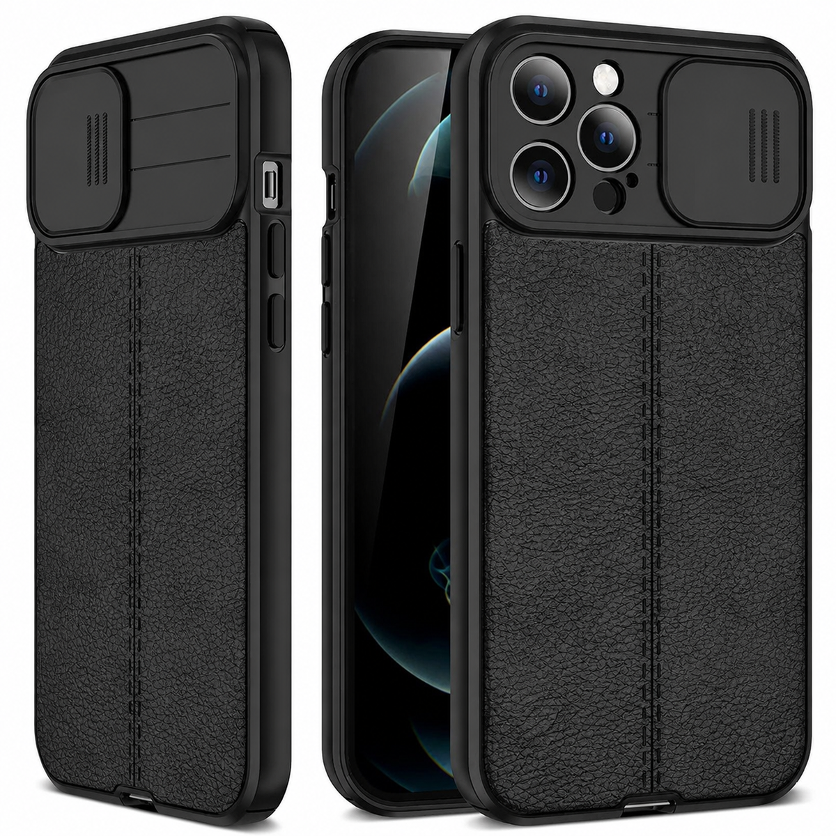 Three views of a black textured case show the front screen and a sliding camera cover in open and closed positions. A vertical seam runs down the rear panel.