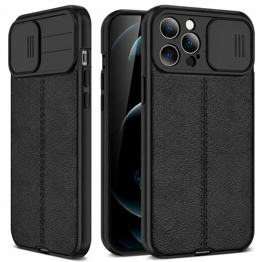 Three views of a black textured case show the front screen and a sliding camera cover in open and closed positions. A vertical seam runs down the rear panel.
