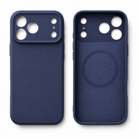 Navy blue case shown from the outside and inside, with individual camera lens openings and a circular magnetic marking centered on the fabric-like inner lining.