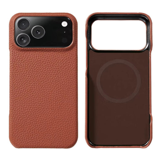 Rear and interior views of a rust-brown pebbled leather-look case, with a wide camera opening, black rim and a circular ring in the lining.