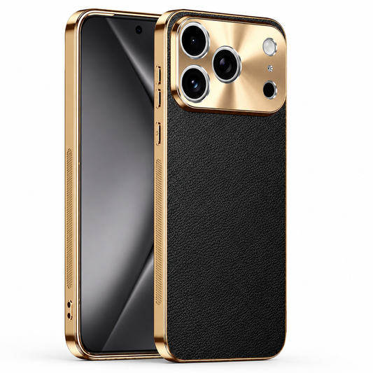 Black pebbled leather-look case shown from the front and back, with a reflective gold-colored frame and broad gold-colored camera panel around three exposed lenses.