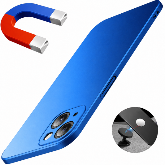 Royal blue slim phone case tilted diagonally against white, with a horseshoe magnet illustration and a circular inset showing attachment to a magnetic car mount.