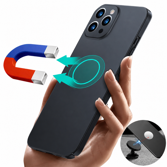 A hand holds a plain dark gray slim phone case beside an illustrated horseshoe magnet and arrows pointing toward its back. A small inset shows a magnetic car mount.