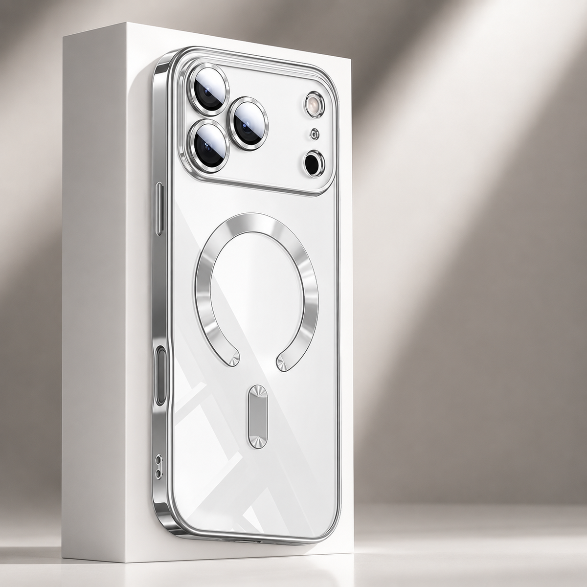 Silver reflective phone case displayed upright against a white block, with individual camera rims and a horseshoe-shaped back ring and short bar.