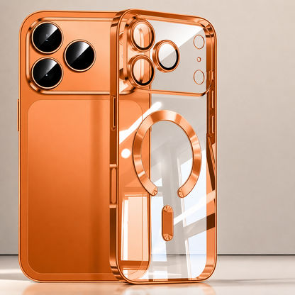 Orange reflective clear case standing beside an orange phone on a pale surface, with matching camera rims and a horseshoe-shaped back ring.