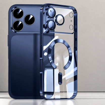 Blue reflective clear phone case beside a navy phone, with blue camera rims and a horseshoe-shaped ring and short bar.