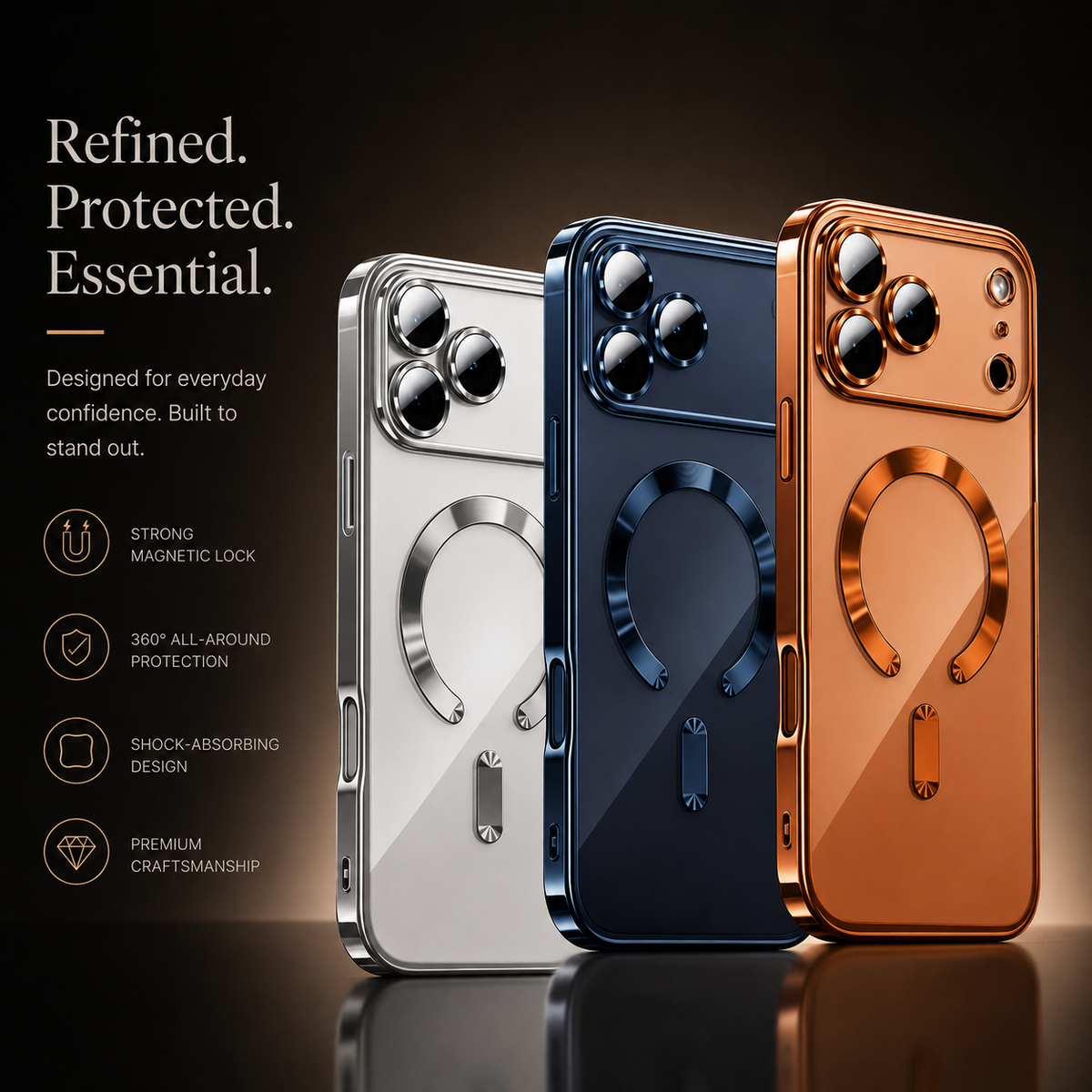 Silver, navy and orange phone cases displayed together, each with individual camera rims and a horseshoe-shaped back ring. Text advertises protection and magnetic attachment.
