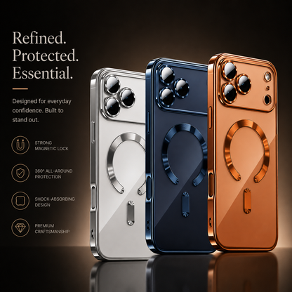 Silver, navy and orange phone cases displayed together, each with individual camera rims and a horseshoe-shaped back ring. Text advertises protection and magnetic attachment.