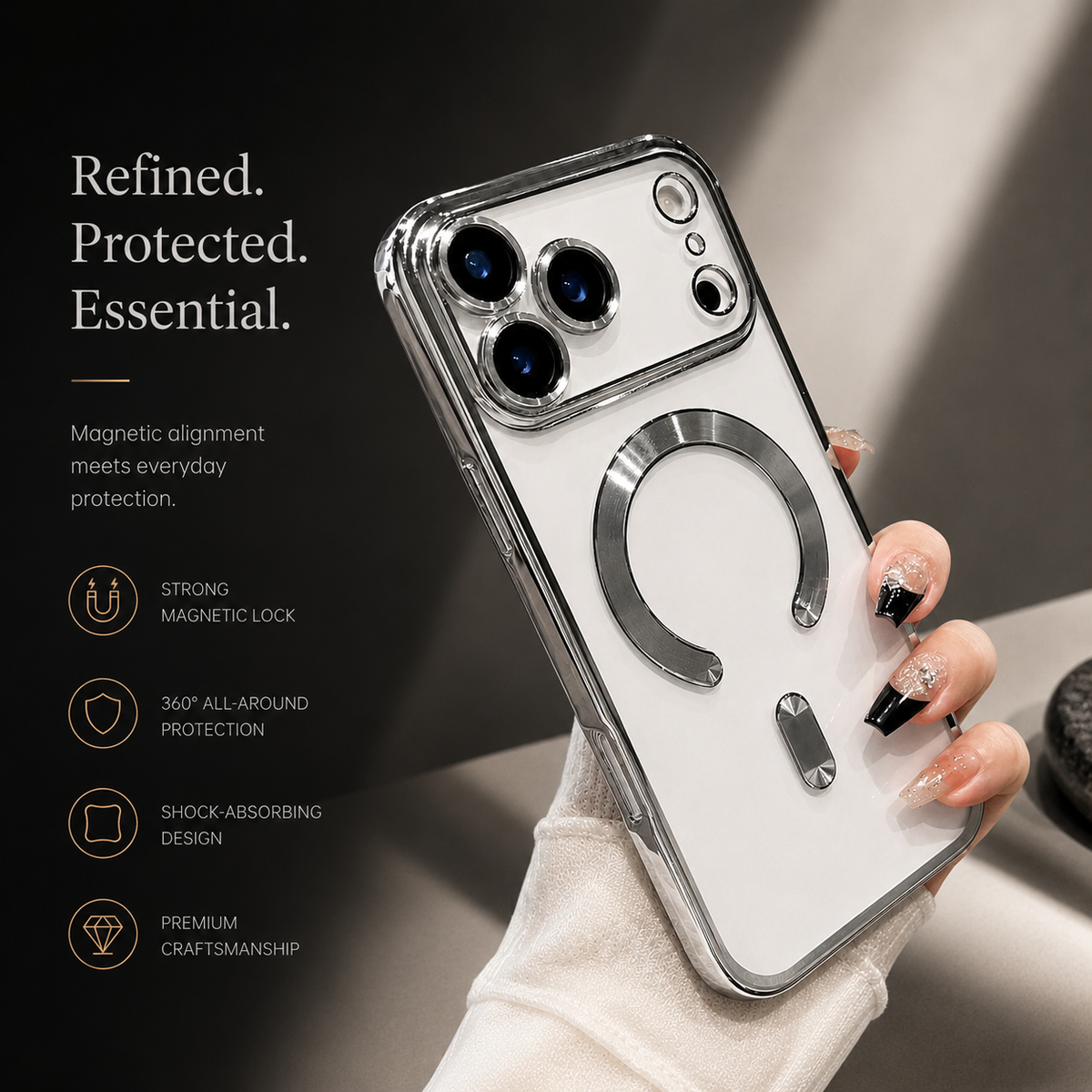 A hand holds a silver-trimmed clear case on a white phone, with a broad camera panel and horseshoe-shaped back ring. Icons advertise protective features.
