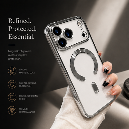 A hand holds a silver-trimmed clear case on a white phone, with a broad camera panel and horseshoe-shaped back ring. Icons advertise protective features.