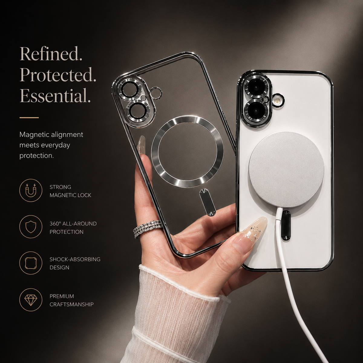 A hand holds an empty dark clear case beside a white phone with a round wired charging puck attached. Text advertises magnetic attachment.