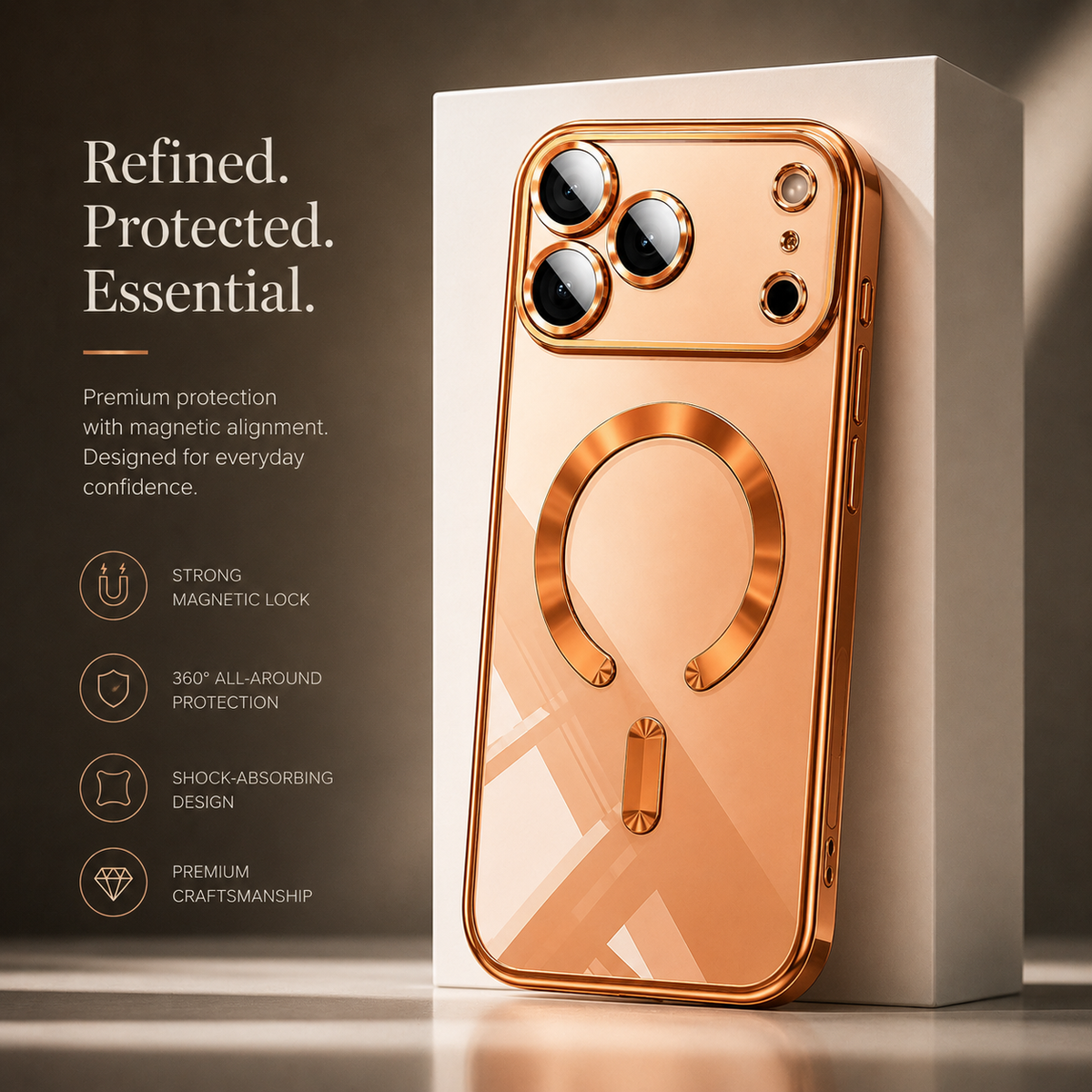 Orange reflective phone case displayed upright against a white block, with individual camera rims and a horseshoe-shaped back ring.