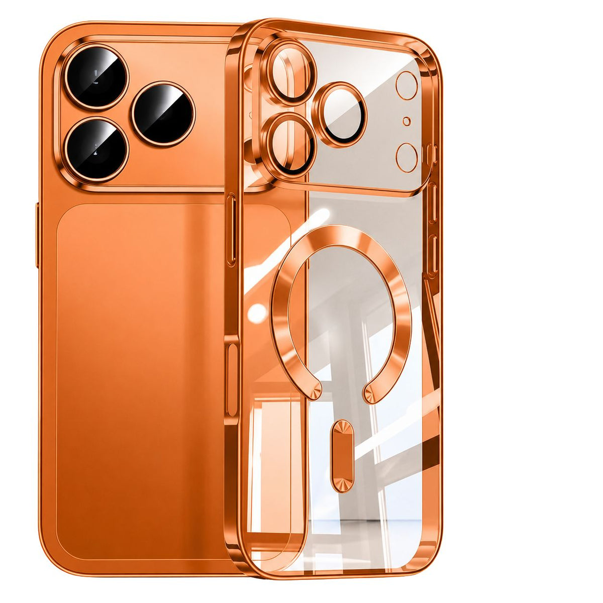 Orange-trimmed clear phone case standing in front of an orange phone, with individual camera rims and an orange horseshoe-shaped ring and bar.