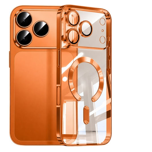 Orange-trimmed clear phone case standing in front of an orange phone, with individual camera rims and an orange horseshoe-shaped ring and bar.