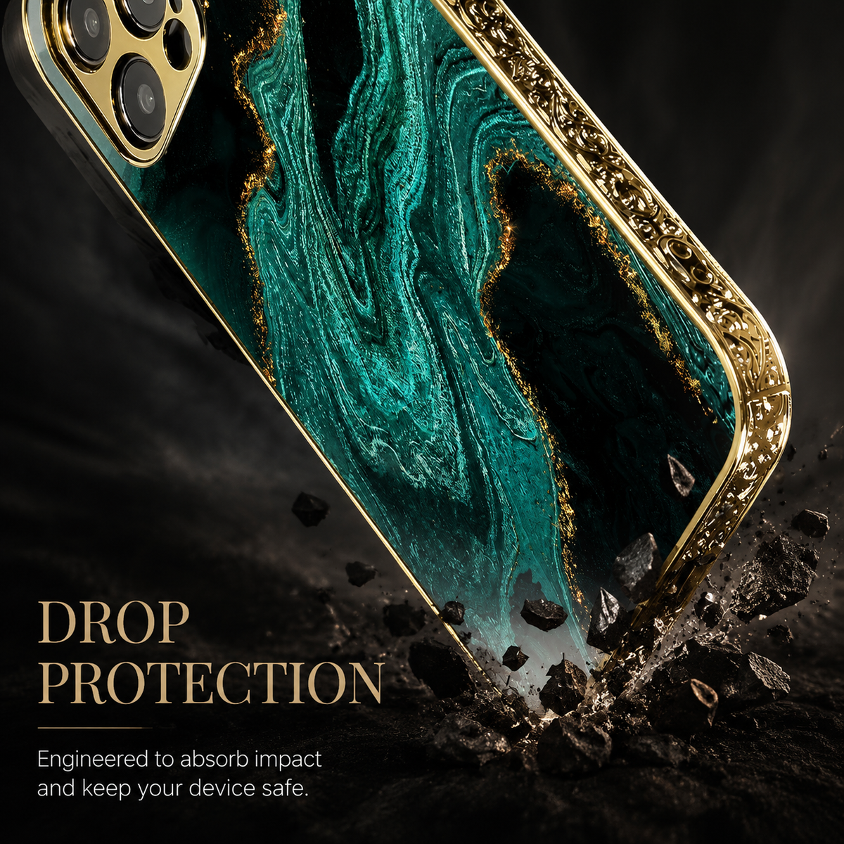 A teal-and-black marble-pattern case with ornate gold-colored edges strikes rocky ground amid fragments. Text advertises impact absorption and drop protection.