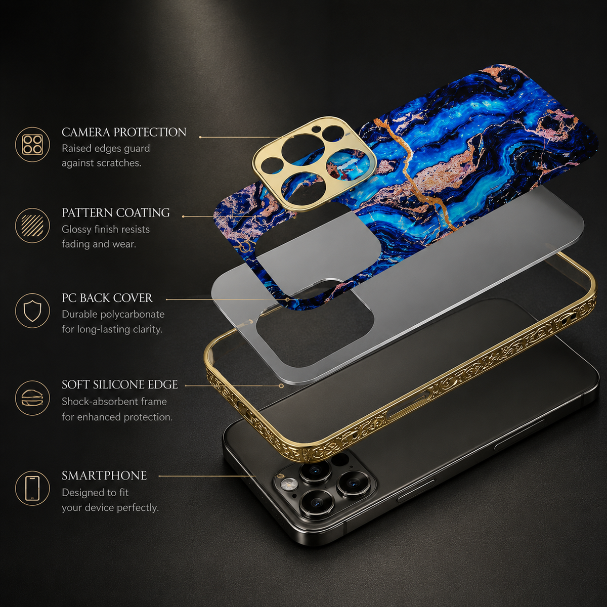 An exploded diagram separates a blue marble-pattern back and gold-colored frame above a phone. Labels identify camera protection, pattern coating, PC backing and a soft silicone edge.