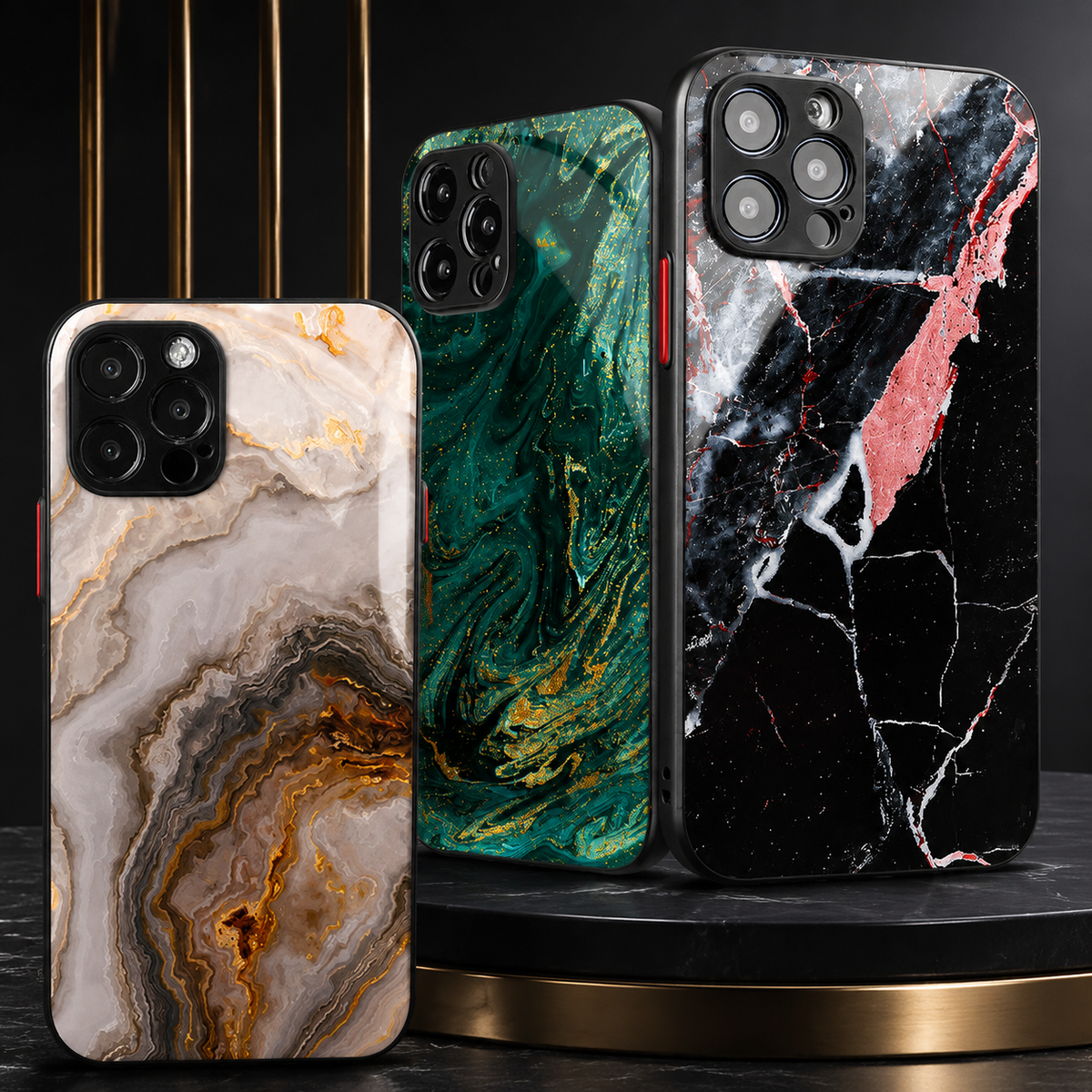 White-gold, green-gold and black-red marble-pattern phone cases stand on a dark round pedestal, displaying varied veining and broad camera surrounds.