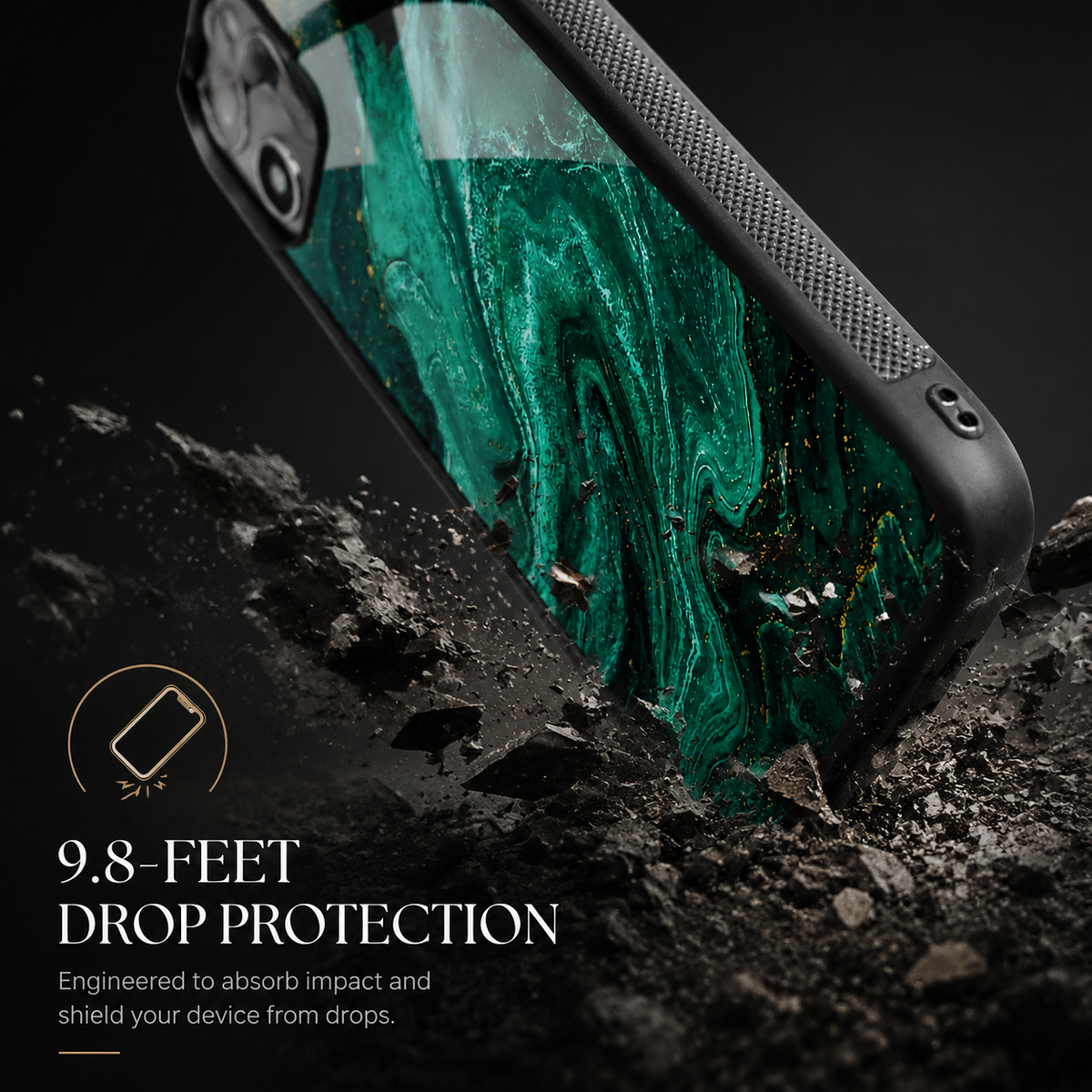 A green marble-pattern case with black textured edges strikes dark rocky ground corner-first. Text advertises 9.8-foot drop protection.
