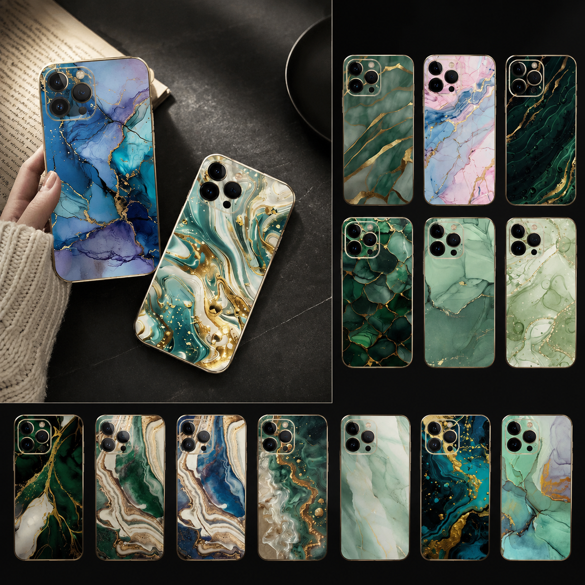 A collage displays blue, green, white, pink and gold-colored marble-pattern cases with varied swirling bands, fine veins and stone-like patches. A hand holds a blue case beside an open book.