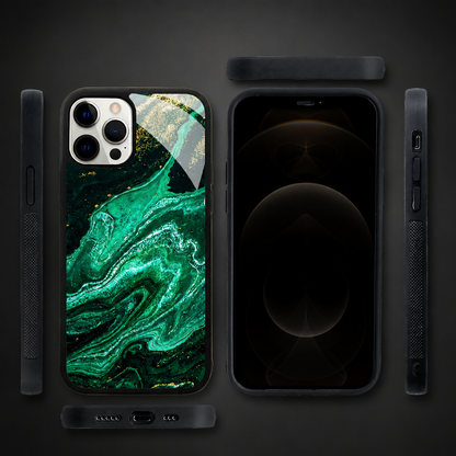 Front, back, top, bottom and side views show a green marble-pattern phone case with black edges. Close views reveal textured grip strips, buttons, speaker holes and charging opening.