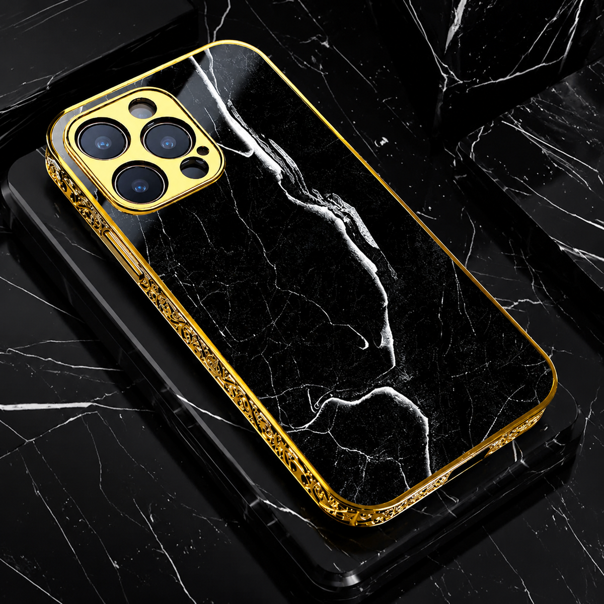 Premium iPhone Case MagSafe Compatible Marble Pattern Cover Gold Accent Frame Slim Shockproof Protection
