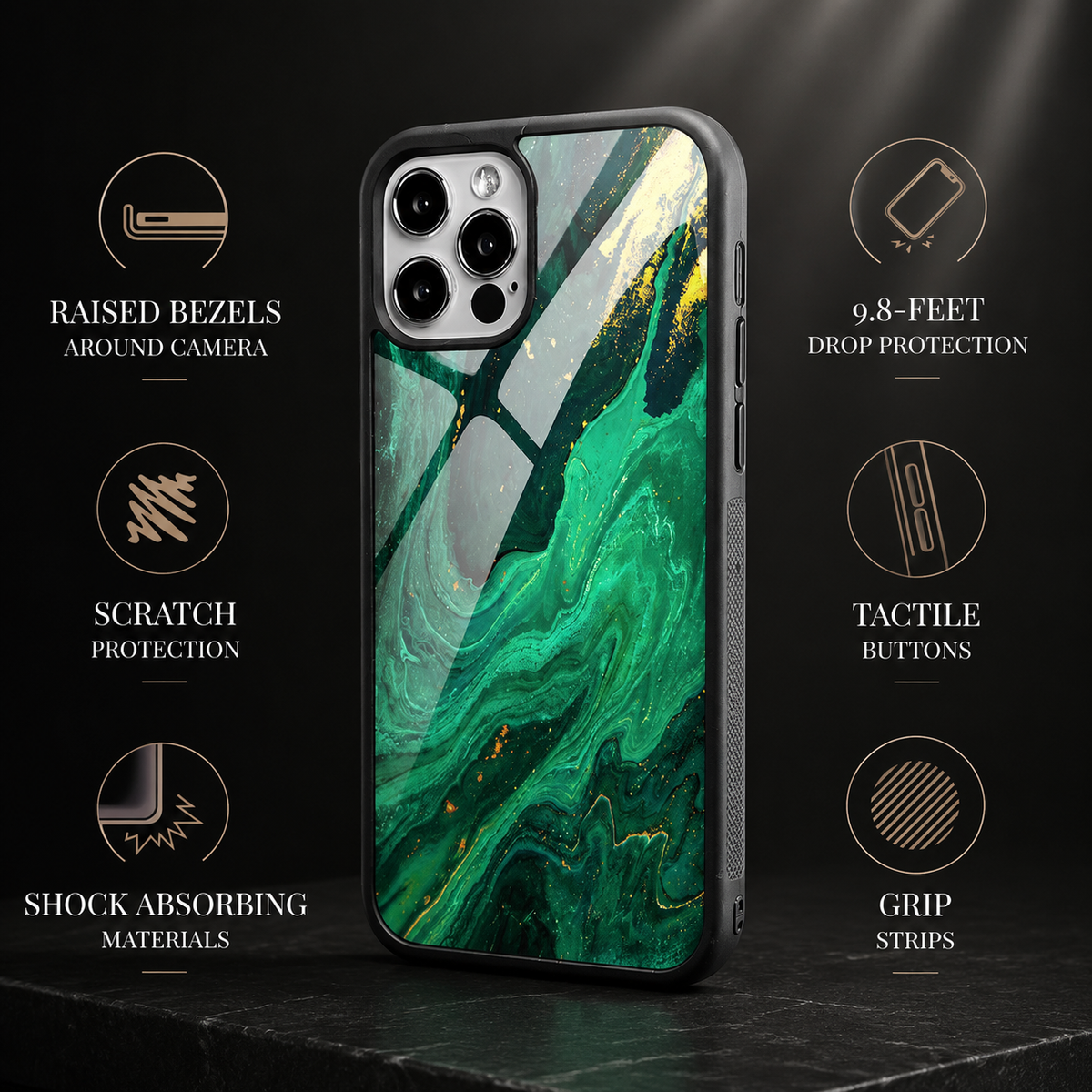 A green marble-pattern case stands on dark stone with black grip-textured edges. Feature icons advertise raised camera bezels, 9.8-foot drop protection, scratch resistance, tactile buttons and shock absorption.