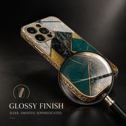 A geometric green, black, white and gold-colored marble-pattern case lies diagonally against black. A magnifying glass enlarges its reflective back. Text advertises a glossy finish.