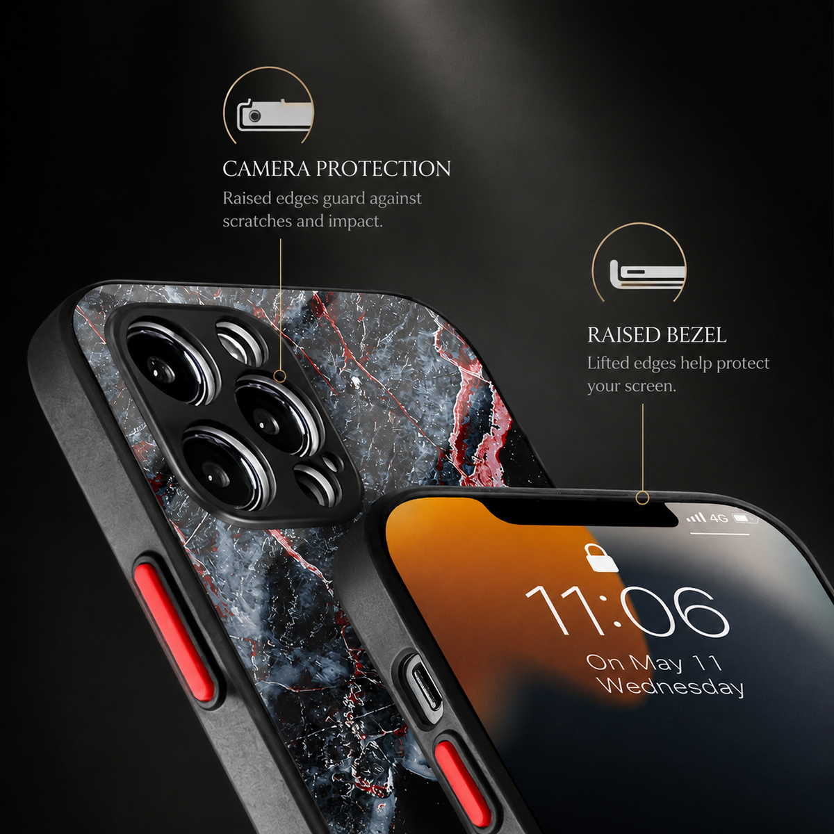 Close-up front and back views show a black, gray and red marble-pattern case with red side buttons. Labels advertise raised camera and screen edges.