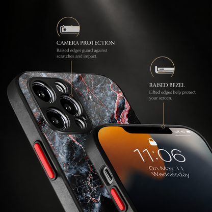 Close-up front and back views show a black, gray and red marble-pattern case with red side buttons. Labels advertise raised camera and screen edges.