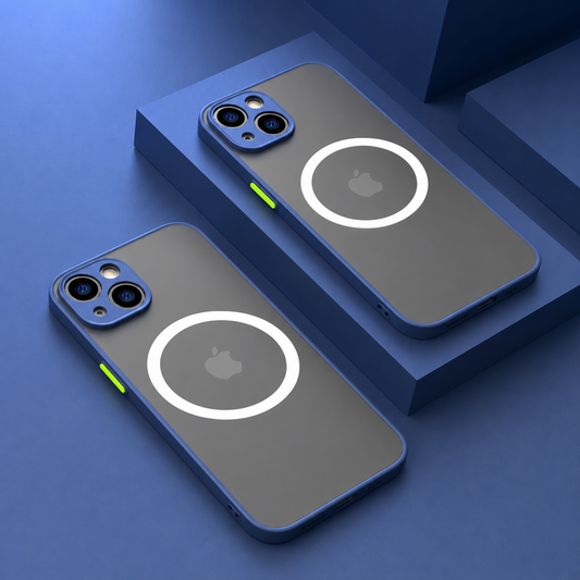 Two gray-backed cases with blue trim, white magnetic rings and lime green buttons lie diagonally on blue stepped blocks.
