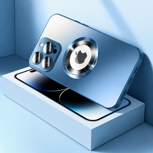 A blue reflective case rests across a pale blue phone box, with three camera lenses and a silver circular magnetic design.
