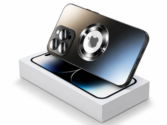 A black reflective case rests diagonally across a phone box, showing three camera lenses and a silver magnetic circle around the visible Apple logo.