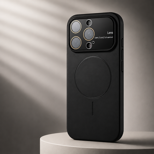 Black matte case stands on a round pale display platform, showing its thin magnetic circle and alignment bar beneath a broad glossy camera panel.
