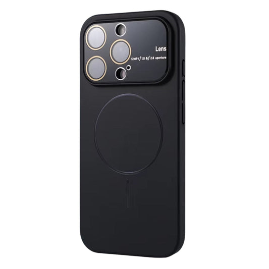 Black matte case stands rear-forward against white. A thin circular magnetic outline and bar sit below a glossy camera panel with gold-colored rings and small printed lens text.