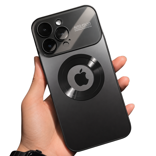 A hand holds a black phone case with a broad glossy camera panel and shiny circular ring around the Apple logo, shown against white.