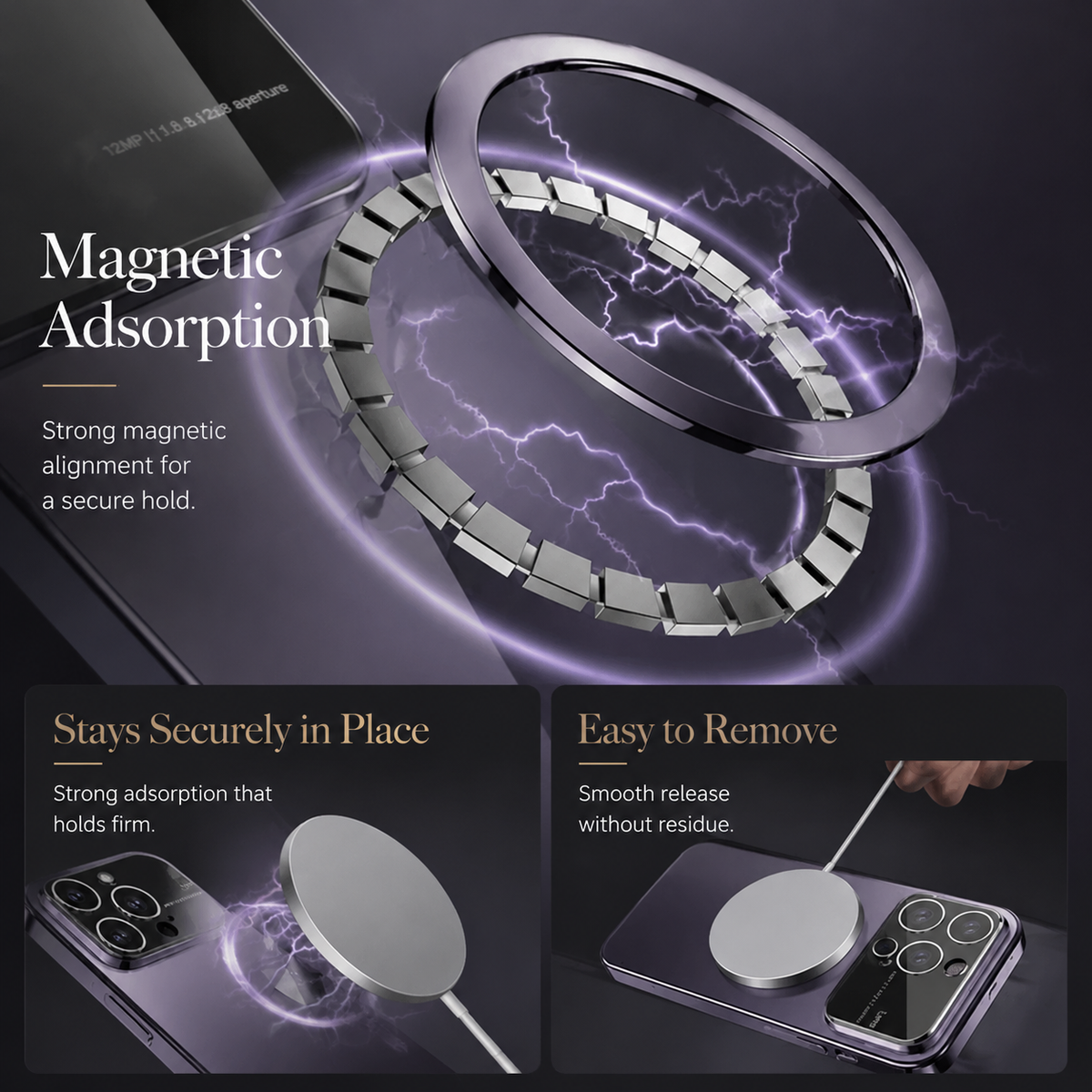 An exploded circular ring assembly floats over a purple case with illustrated electrical arcs. Insets show a charging puck attaching and being removed. Text advertises magnetic attachment and easy release.