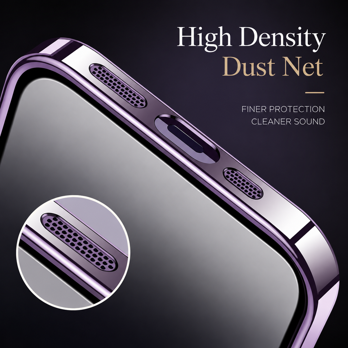 A close-up of a purple case's bottom edge shows the charging opening flanked by perforated speaker covers. A circular inset enlarges the mesh; text advertises a high-density dust net.