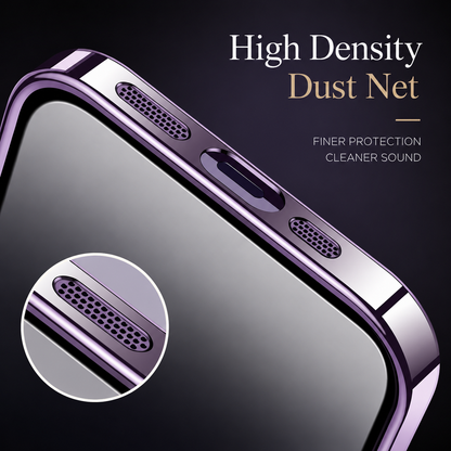 A close-up of a purple case's bottom edge shows the charging opening flanked by perforated speaker covers. A circular inset enlarges the mesh; text advertises a high-density dust net.