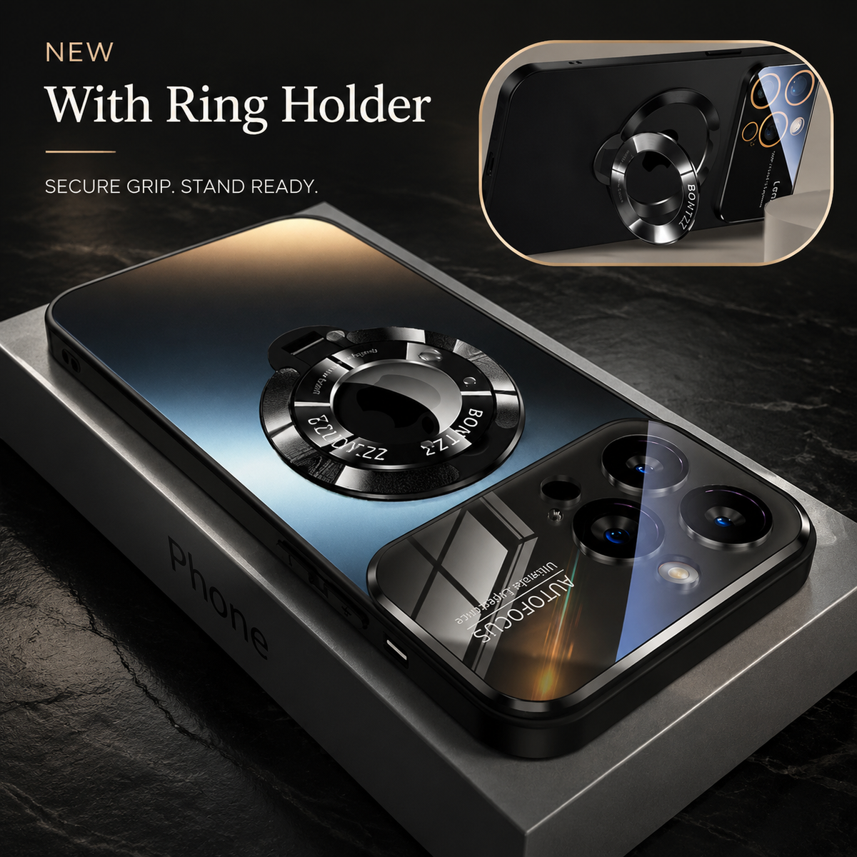 A black phone case lies on a phone box, its circular ring partly raised below the broad camera panel. An inset shows the ring supporting horizontal viewing; text advertises a ring holder.