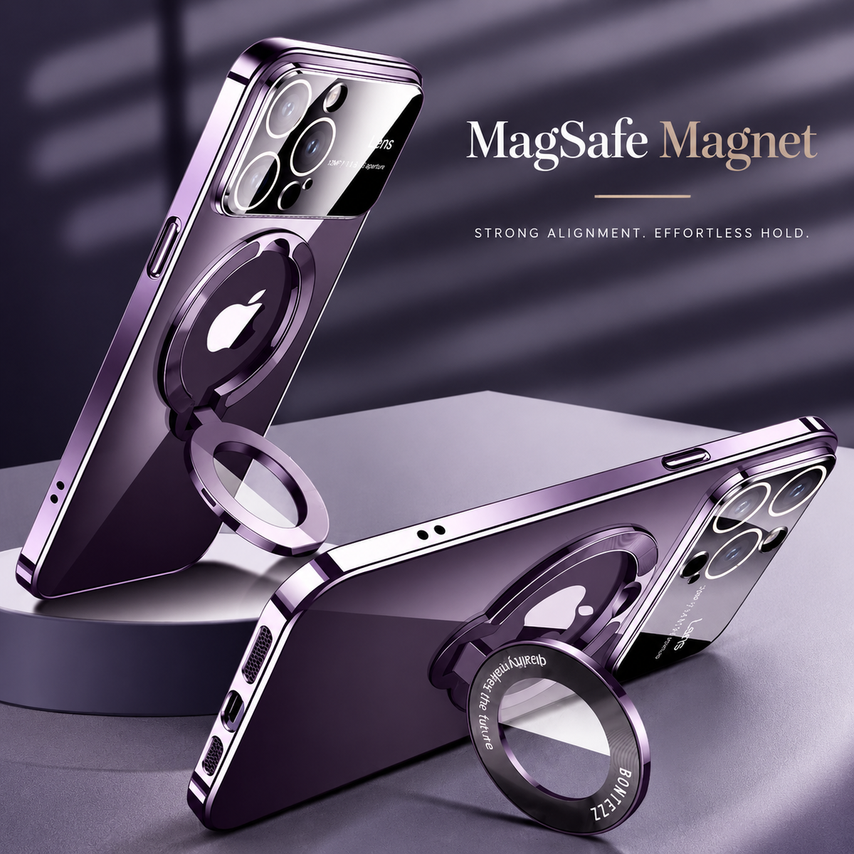 Two purple phone cases rest upright and horizontally on their opened circular rings against stepped purple surfaces. Text advertises a MagSafe magnet and strong alignment.