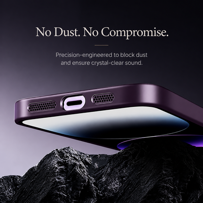 A close-up of a purple case's bottom edge floats above dark rocks, showing mesh speaker covers around the charging opening. Text advertises dust blocking and clear sound.