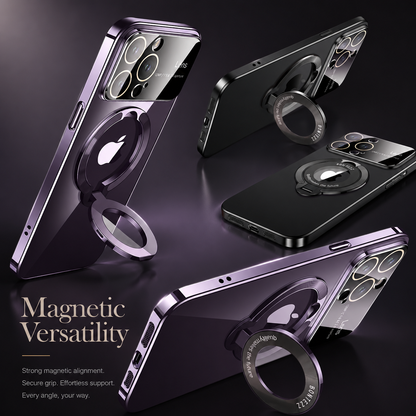 Purple and black phone cases appear upright, horizontal and flat, demonstrating opened and closed circular rear rings. Text advertises magnetic versatility, secure grip and support at different angles.