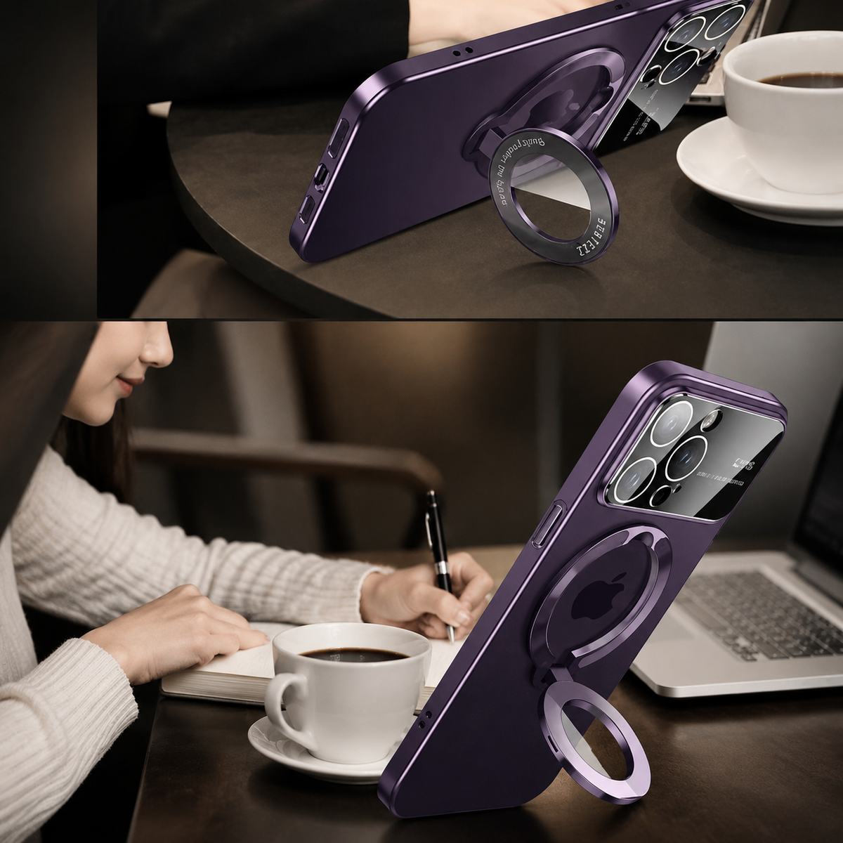 Two panels show a purple phone case supported horizontally beside coffee and upright beside a person writing near a laptop. The opened circular ring forms the stand.