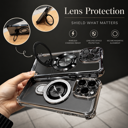 A hand holds two clear ring-stand phone cases, one with the ring open and one folded flat. Circular insets show supported viewing positions. Text advertises charging, lens protection and magnetic alignment.