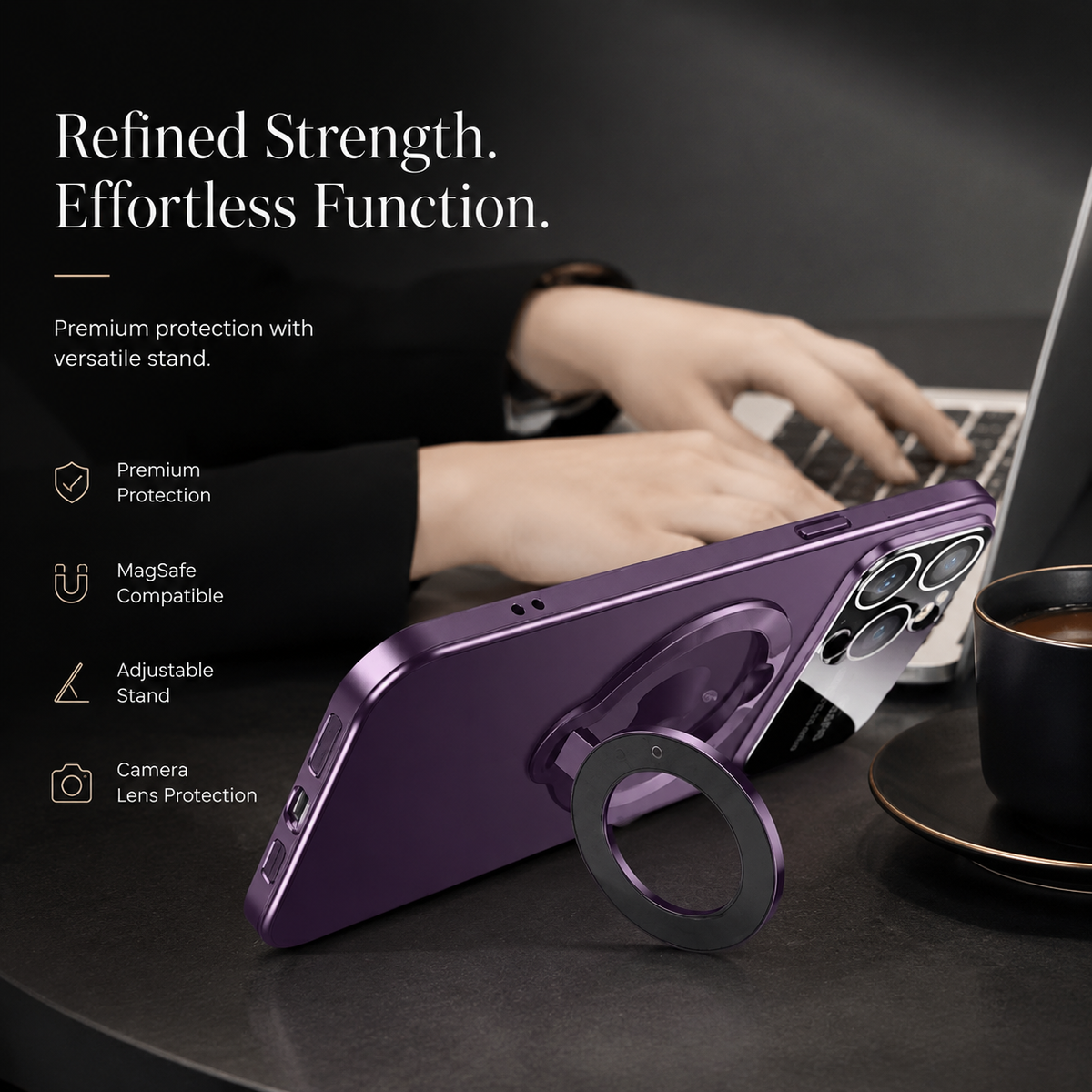 A purple phone case rests horizontally on its opened circular ring beside a laptop and coffee while someone types. Text advertises MagSafe compatibility, an adjustable stand and lens protection.