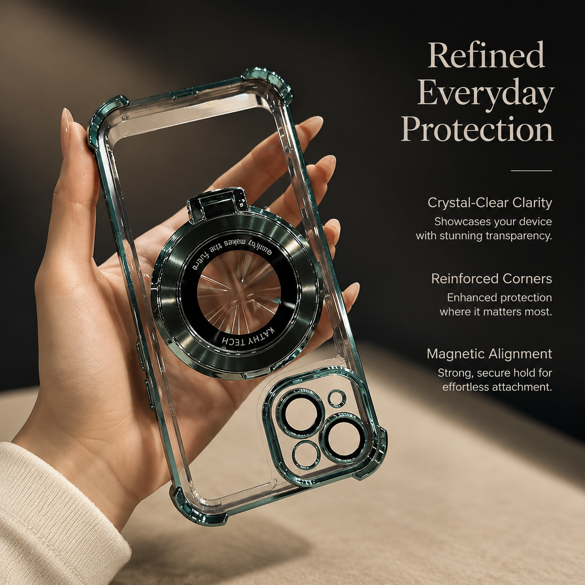 A hand holds an empty clear phone case with green-tinted edges and a large dark circular ring assembly on its back. Text advertises clarity, reinforced corners and magnetic alignment.