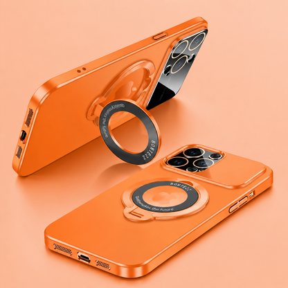 Two orange phone-case views show the circular rear ring folded flat and opened to support a phone horizontally. Shiny matching edges surround the back and broad camera panel.