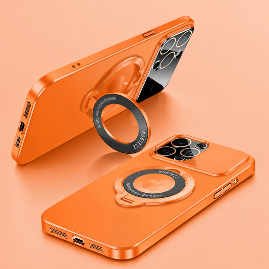 Two orange phone-case views show the circular rear ring folded flat and opened to support a phone horizontally. Shiny matching edges surround the back and broad camera panel.