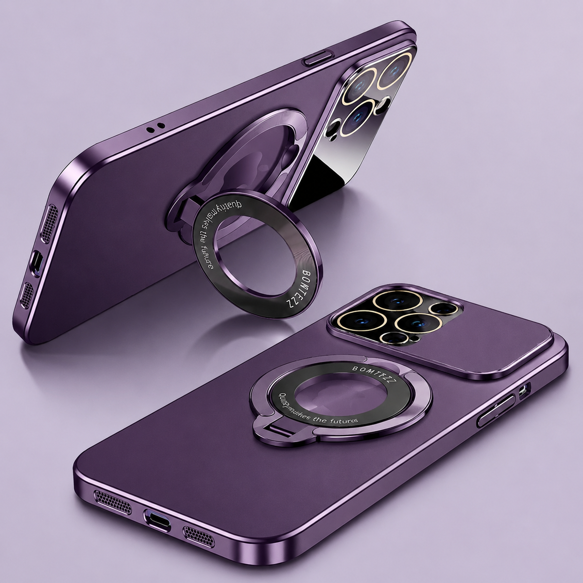 Two purple phone-case views show the circular rear ring folded flat and opened to support a phone horizontally. Shiny matching edges surround the back and broad camera panel.